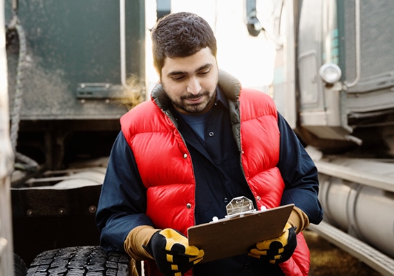 Man with clipboard next to trucks